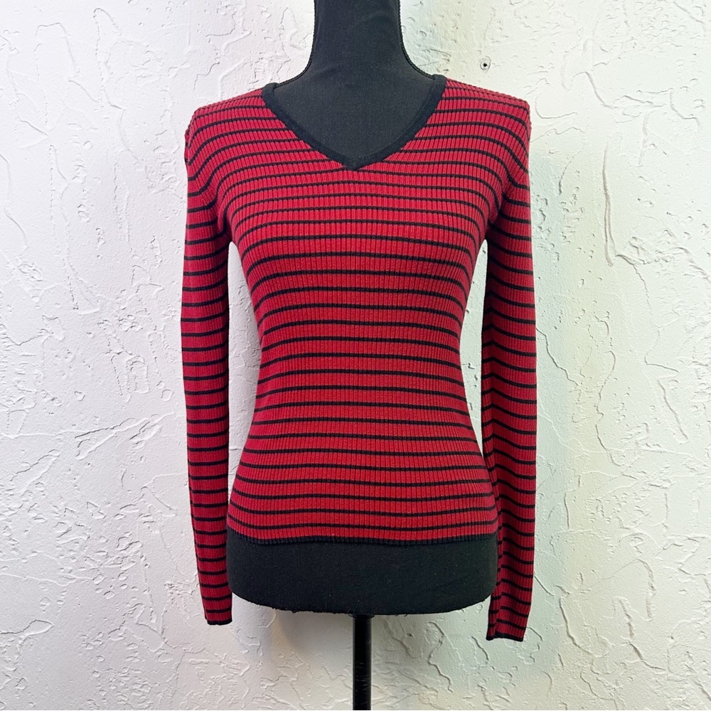 Vintage Y2K Red Black Striped V-neck Fitted Stretch Top Medium Emo Goth Grunge